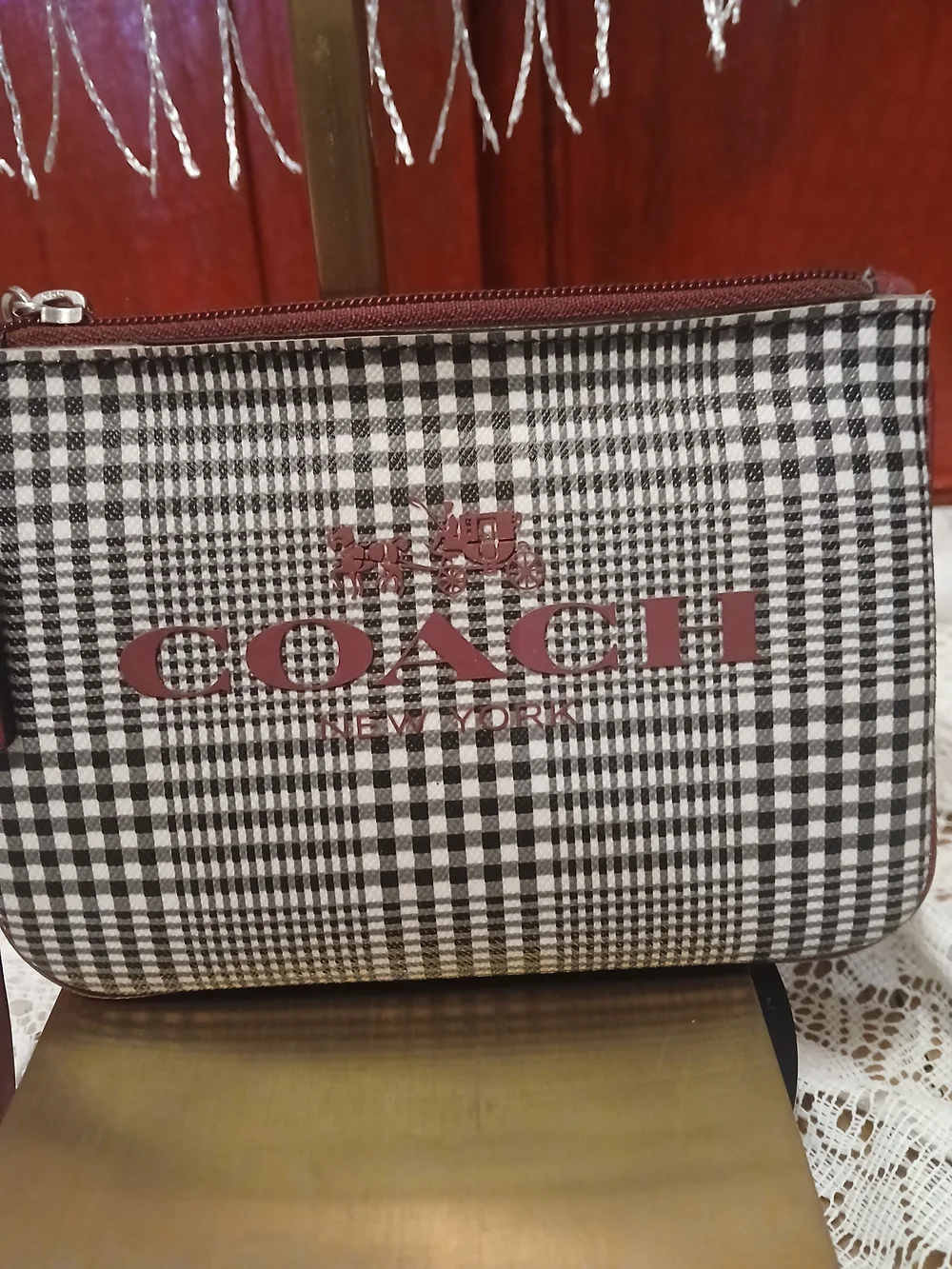 Coach Peyton Glen Plaid Wristlet with Cranberry Accent